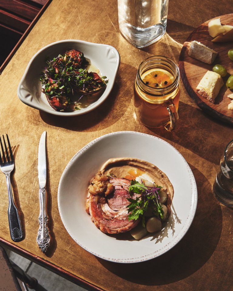 Porchetta with Apple Ragout and Braised Greens