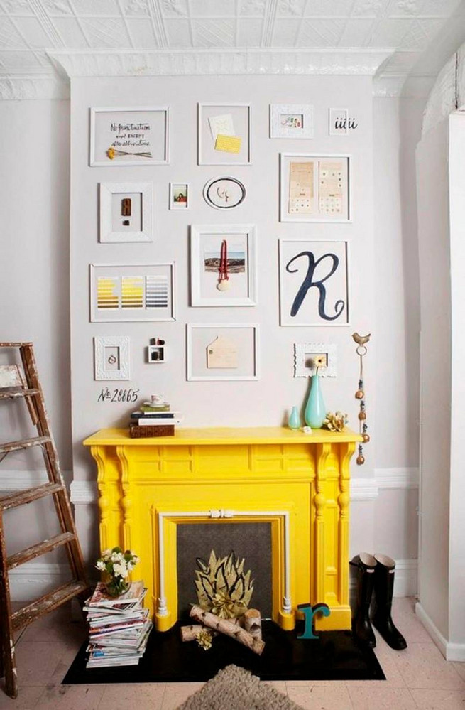 mantel decorating ideas for spring white living room with yellow fireplace