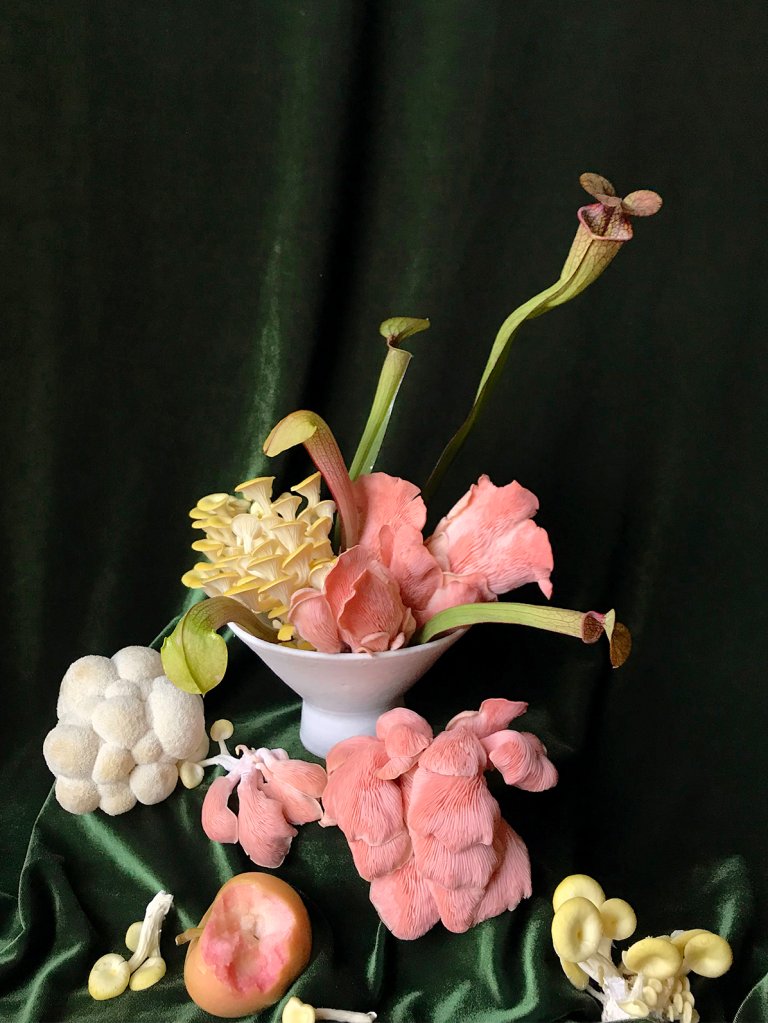 Arrangement with flowers and mushrooms